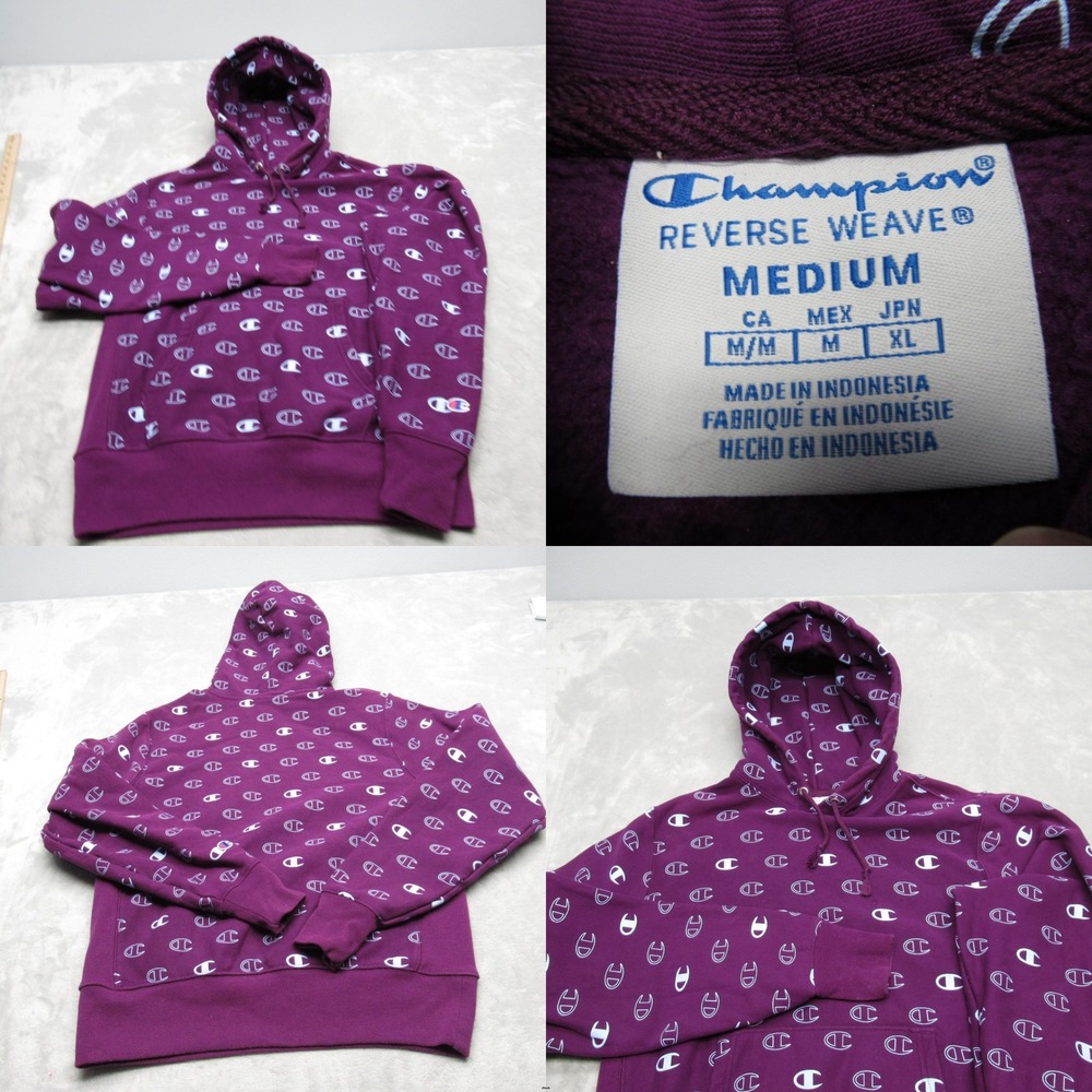 Champion Hoodie Womens Medium Purple All‎ Over Print Reverse Weave Heavyweight